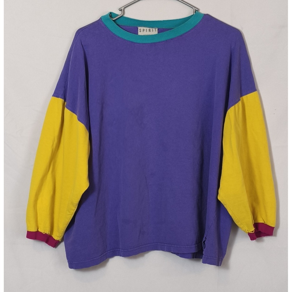 Vintage‎ 80s/90s Spirit Activewear Color Block Shirt USA made Sz Lg Thrashed